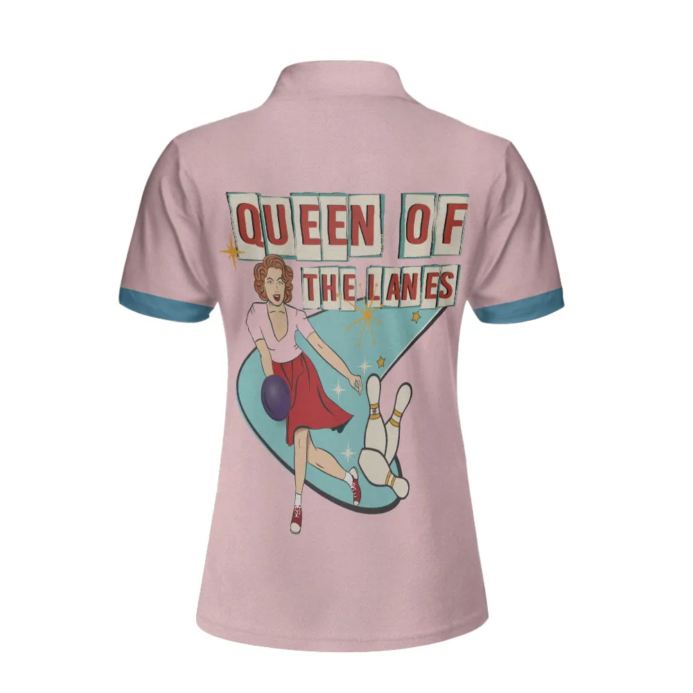 Queen Of The Lanes Bowling Short Sleeve Women Polo Shirt, Pink Ladies Bowling Shirt, Tenpin Bowling Shirt Coolspod