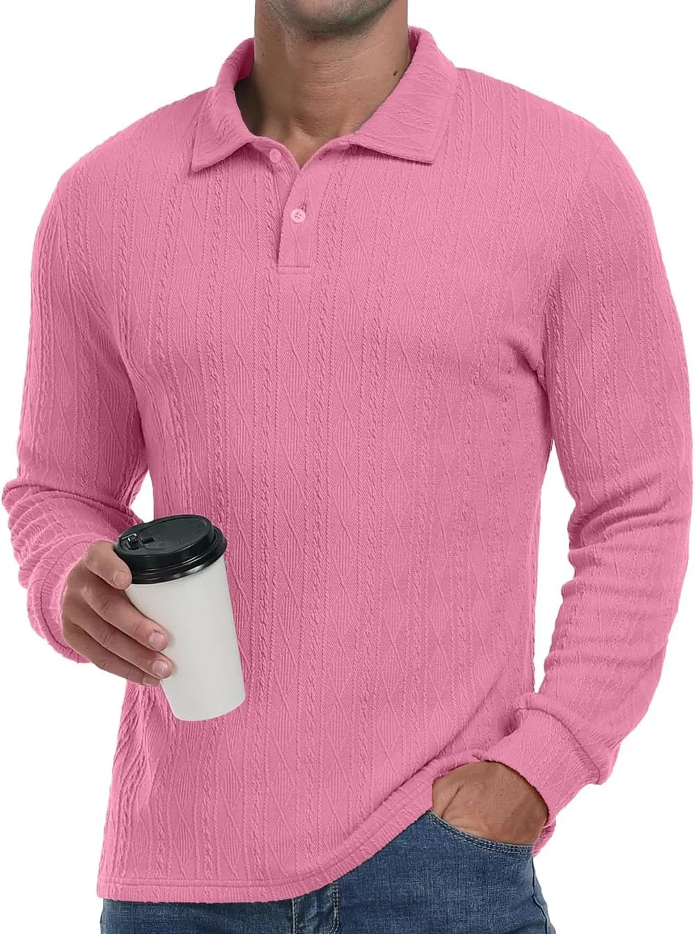 Sailwind Men's Casual Polo Shirts Twisted Button Long Sleeve Tees Collared Golf Shirt