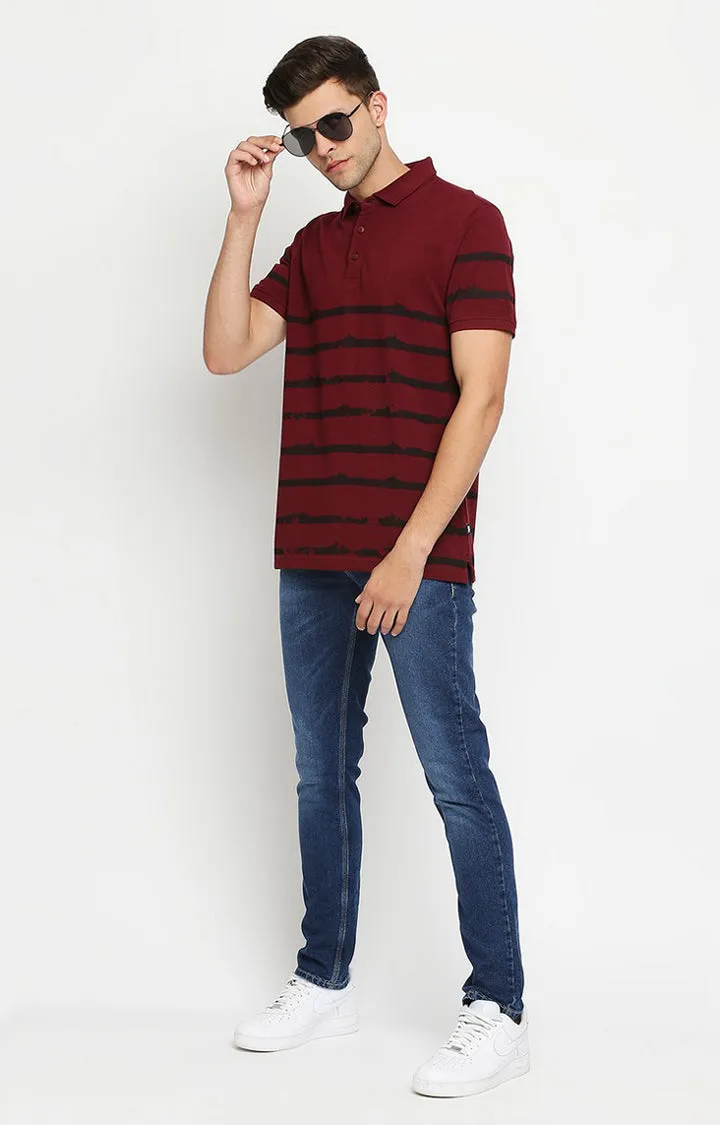 Spykar Men Maroon Cotton Slim Fit Round Neck Polo T-Shirt
