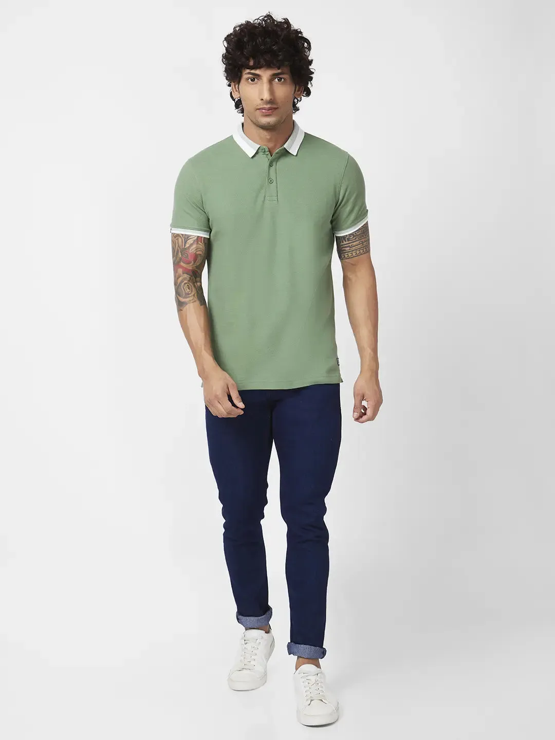 Spykar Men Sage Green Blended Slim Fit Half Sleeve Polo Neck Plain Tshirt