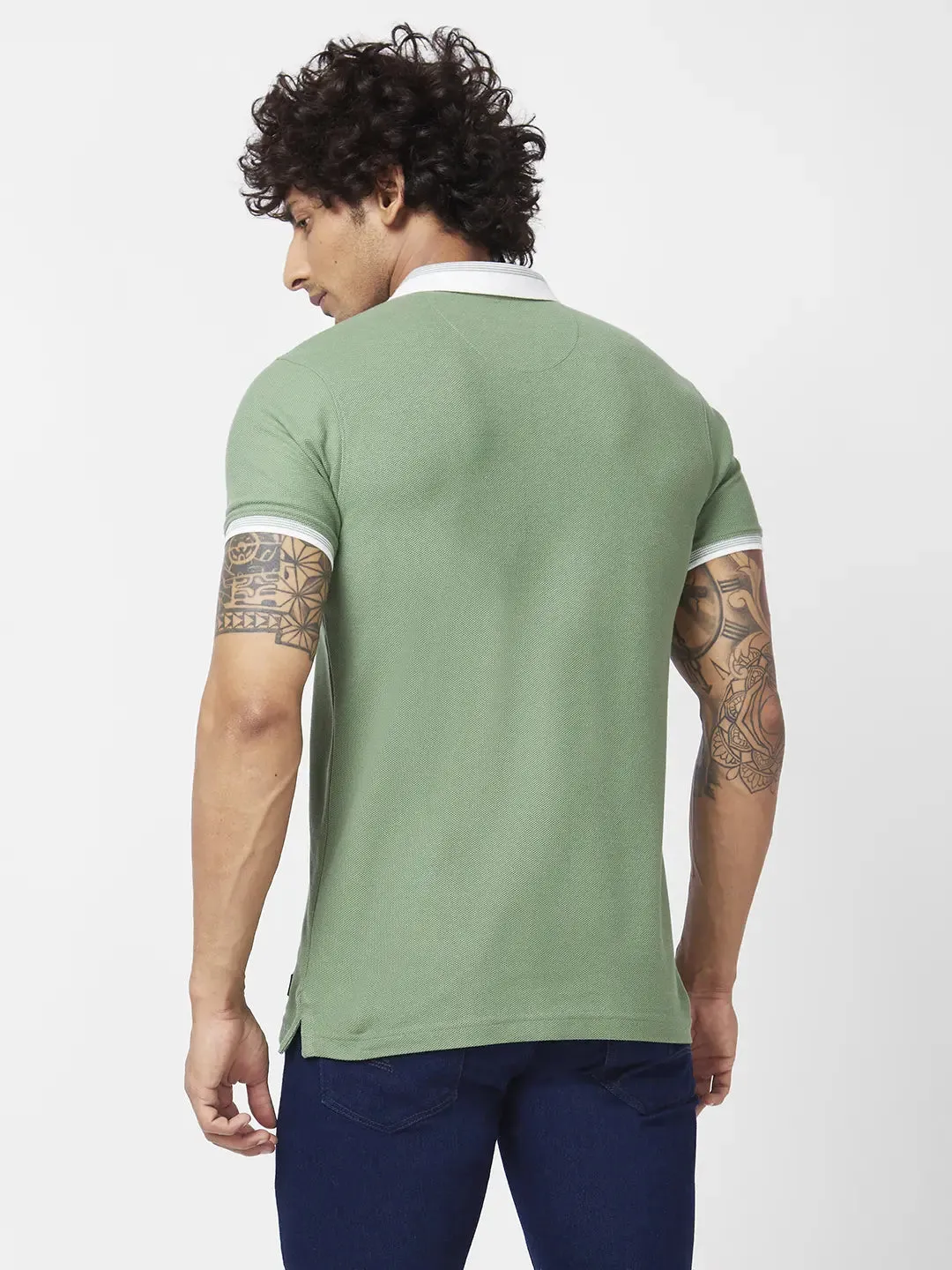 Spykar Men Sage Green Blended Slim Fit Half Sleeve Polo Neck Plain Tshirt