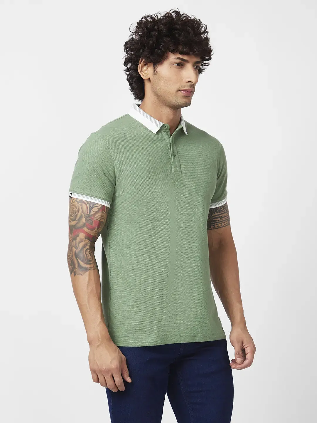 Spykar Men Sage Green Blended Slim Fit Half Sleeve Polo Neck Plain Tshirt