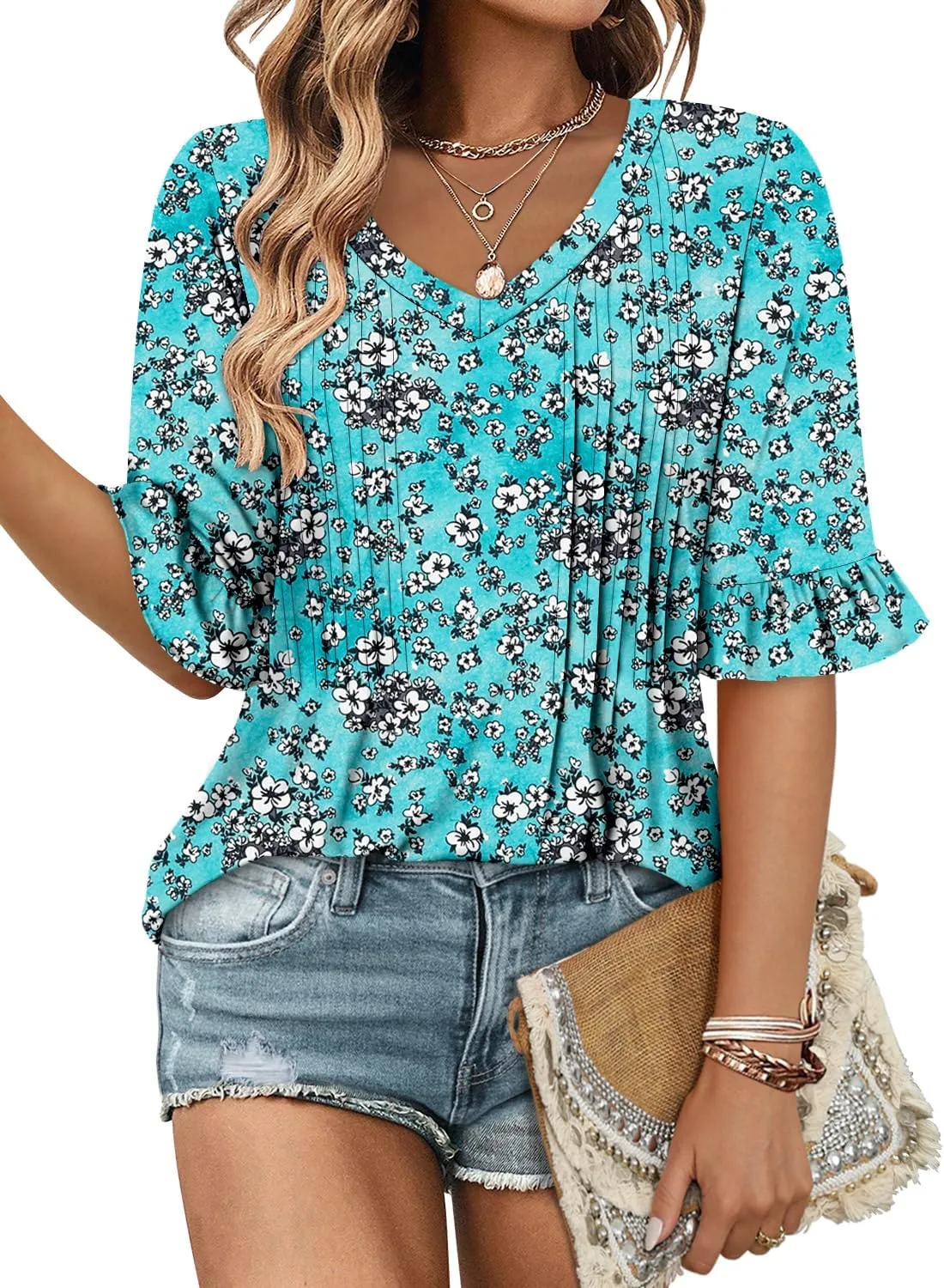 StunShow Womens Blouses Short Sleeve Summer Shirts Tunic Tops for Women Floral Women Tops Dressy Casual