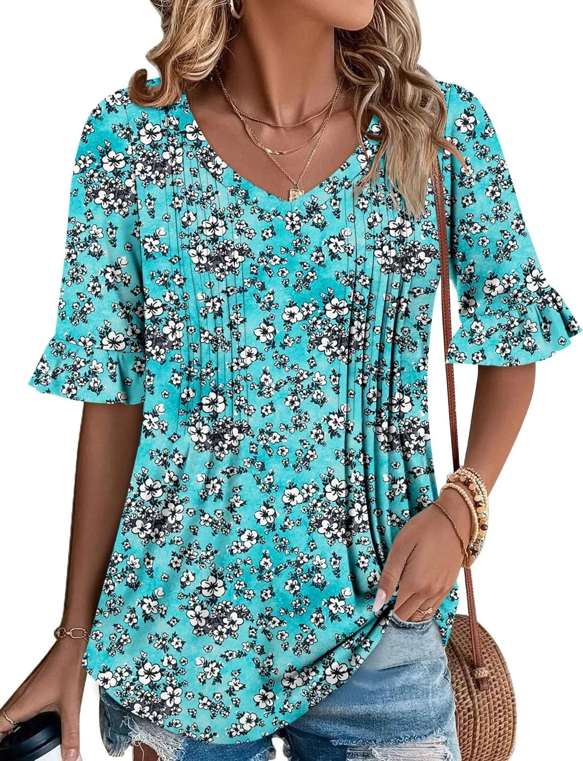 StunShow Womens Blouses Short Sleeve Summer Shirts Tunic Tops for Women Floral Women Tops Dressy Casual