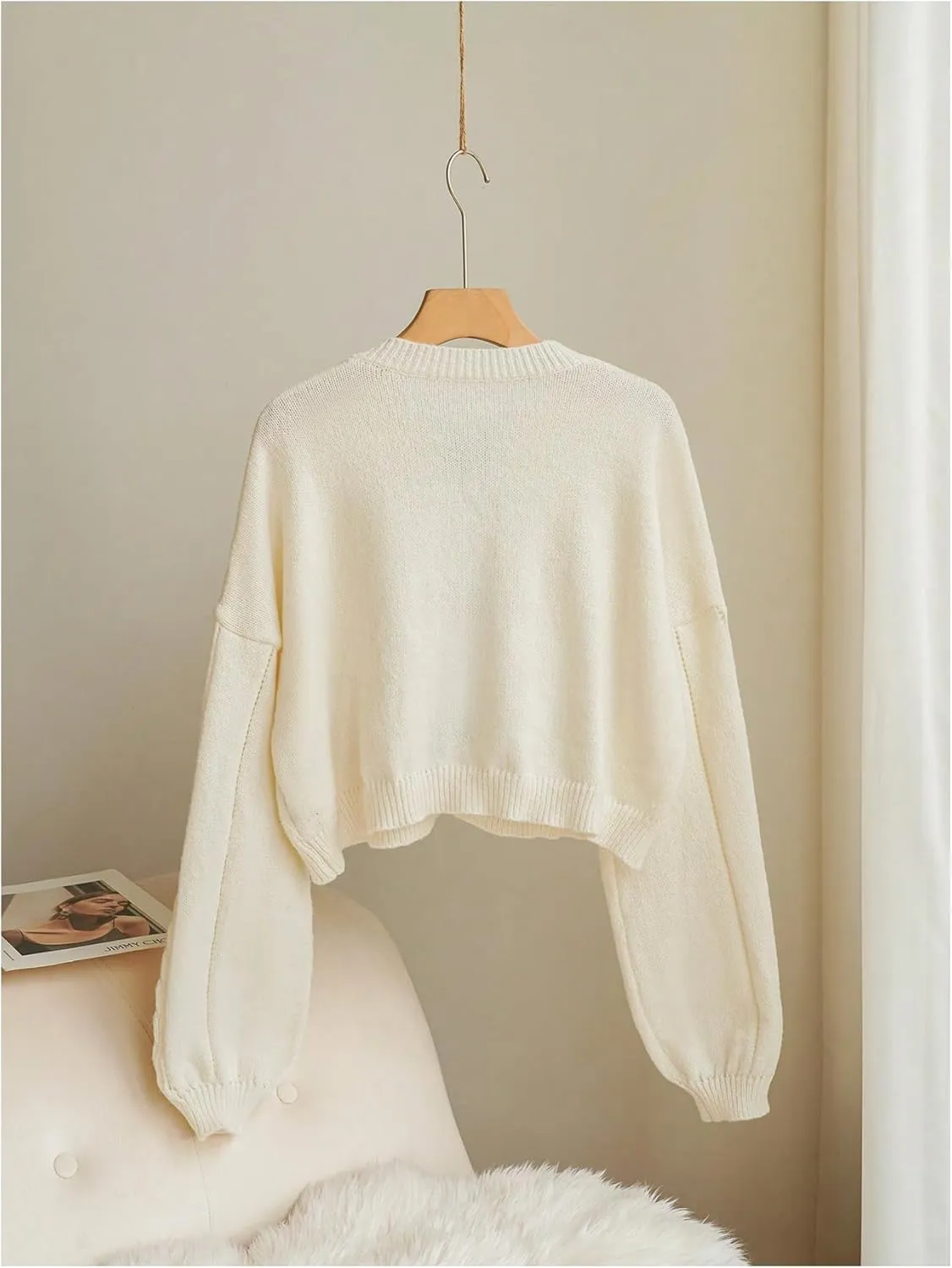Verdusa Women's Oversized Bow Tie Front Sweater Cardigan Crew Neck Cropped Cable Knitted Tops