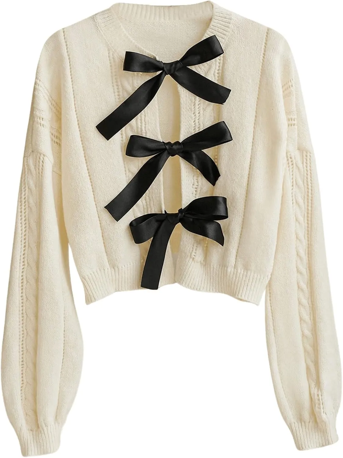 Verdusa Women's Oversized Bow Tie Front Sweater Cardigan Crew Neck Cropped Cable Knitted Tops