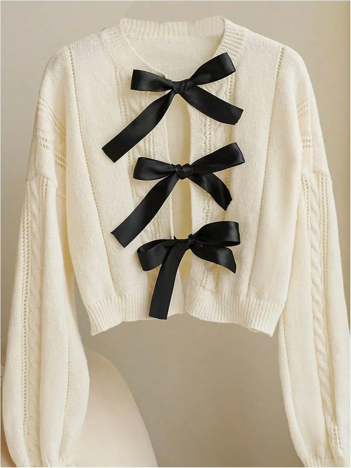 Verdusa Women's Oversized Bow Tie Front Sweater Cardigan Crew Neck Cropped Cable Knitted Tops