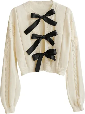 Verdusa Women's Oversized Bow Tie Front Sweater Cardigan Crew Neck Cropped Cable Knitted Tops