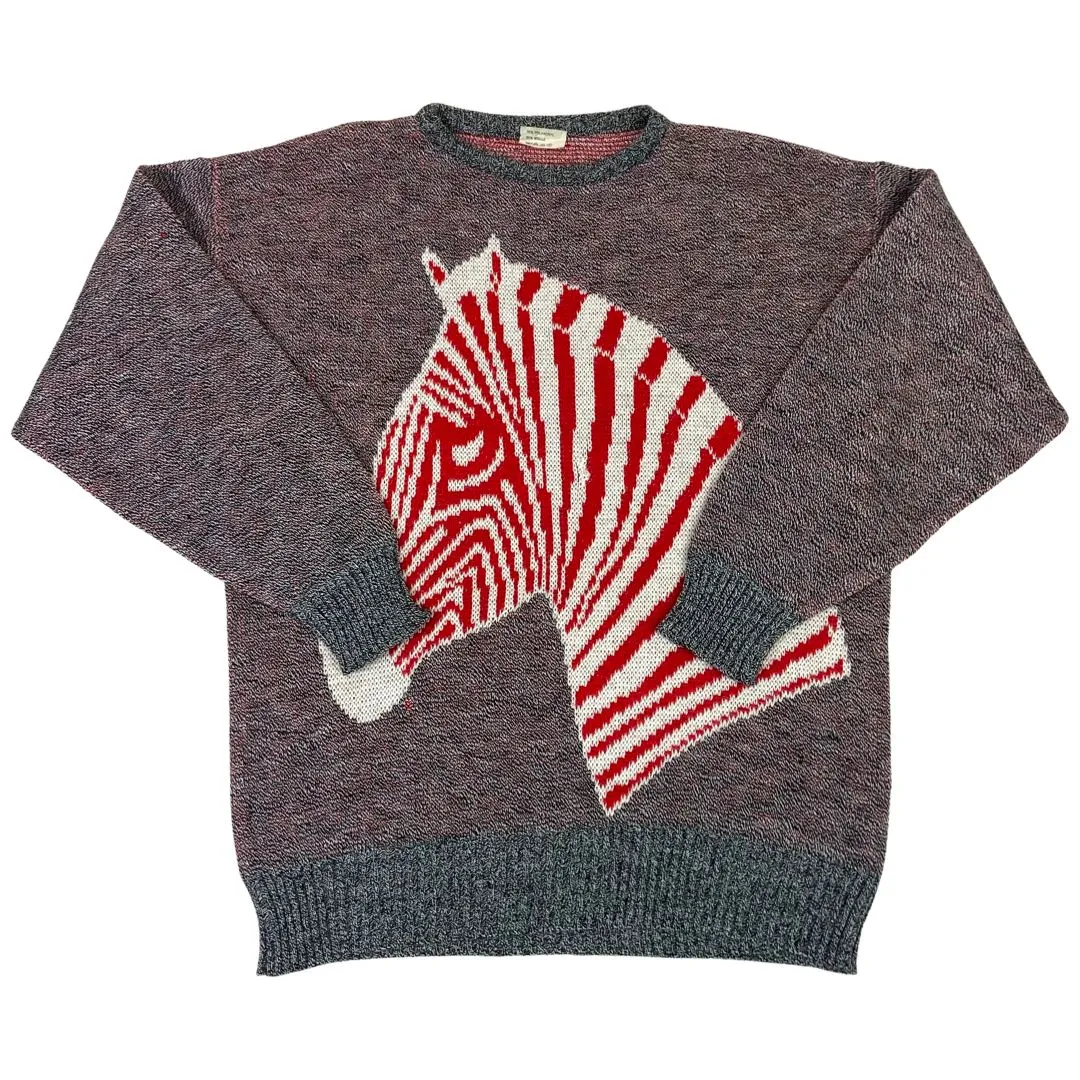 Vintage 90s Grey Red White Zebra Graphic Crew Neck Jumper 12 14 M