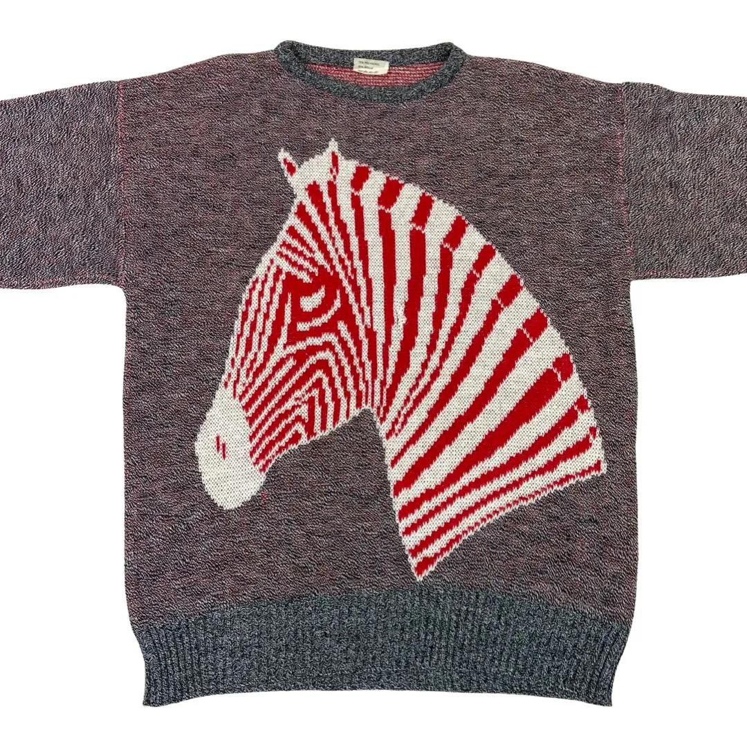 Vintage 90s Grey Red White Zebra Graphic Crew Neck Jumper 12 14 M