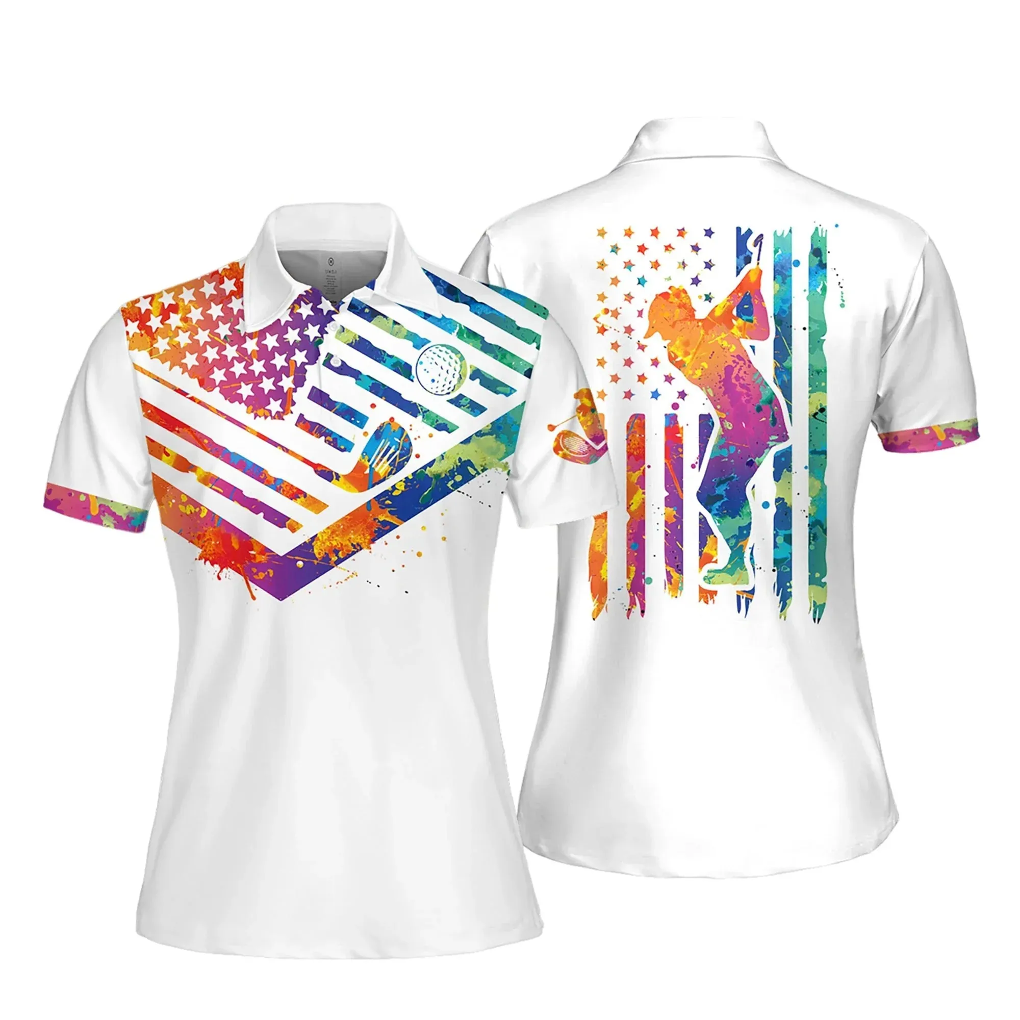 Watercolor America Flag With Silhouette Women Short Sleeve Polo Shirt, Sleeveless Golf Polo Shirt, Women’s Jersey Polo Shirt