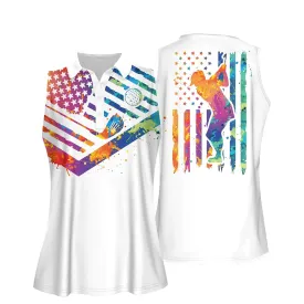 Watercolor America Flag With Silhouette Women Short Sleeve Polo Shirt, Sleeveless Golf Polo Shirt, Women’s Jersey Polo Shirt