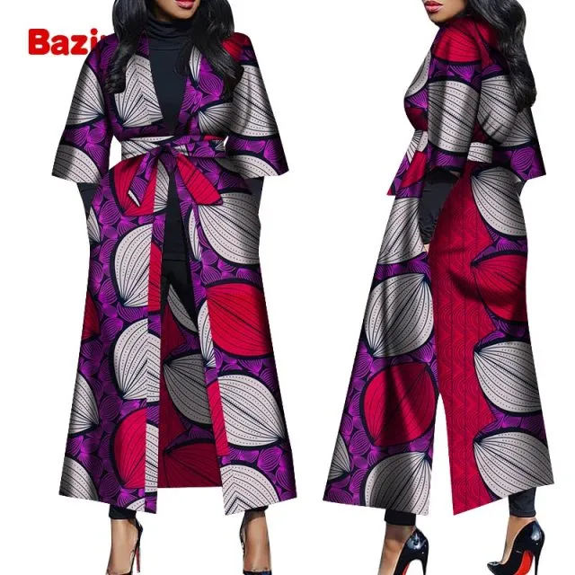 Women African Print Belted Long Coat