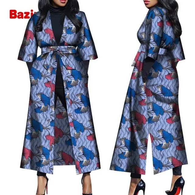 Women African Print Belted Long Coat