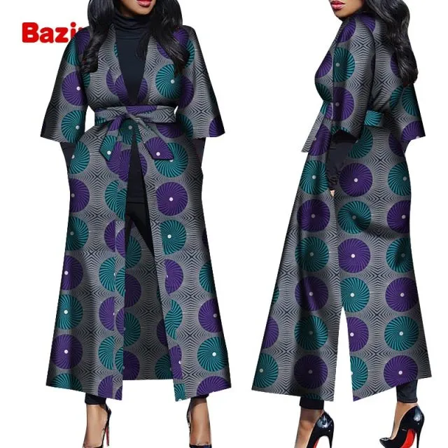 Women African Print Belted Long Coat