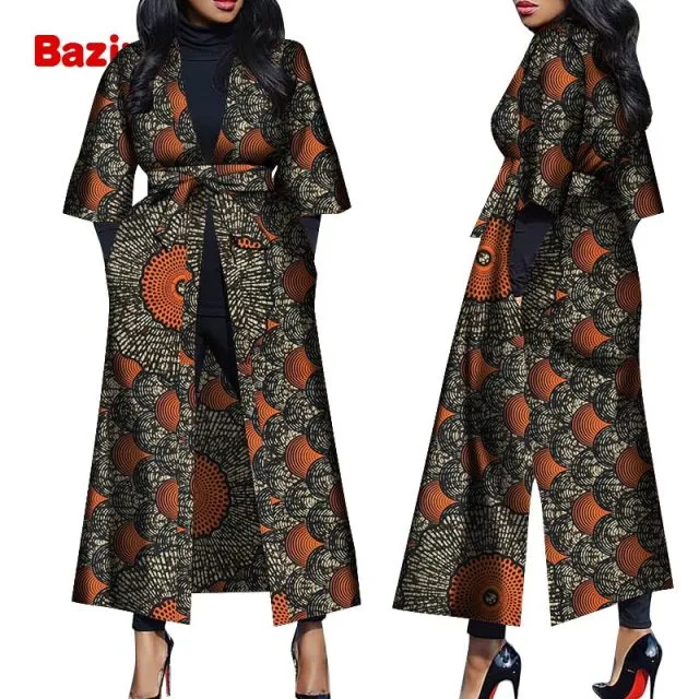 Women African Print Belted Long Coat