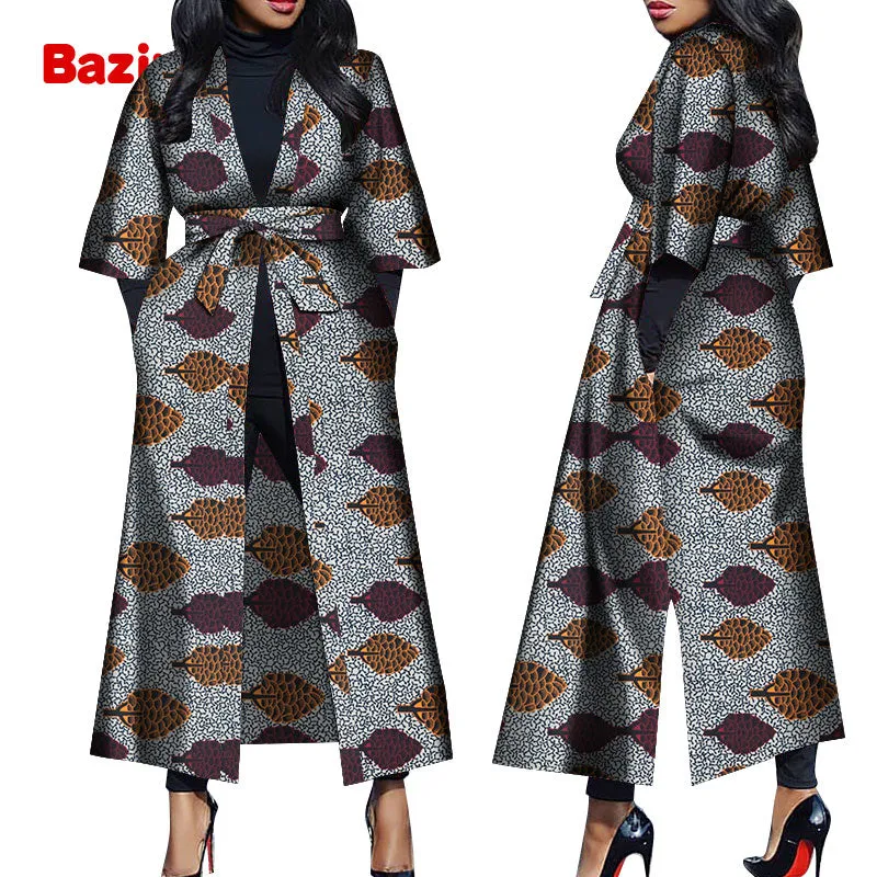 Women African Print Belted Long Coat