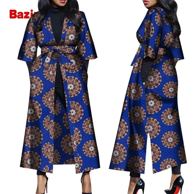 Women African Print Belted Long Coat