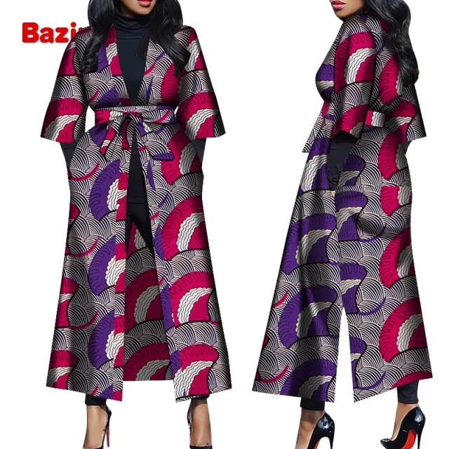 Women African Print Belted Long Coat