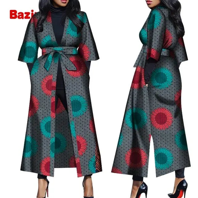 Women African Print Belted Long Coat