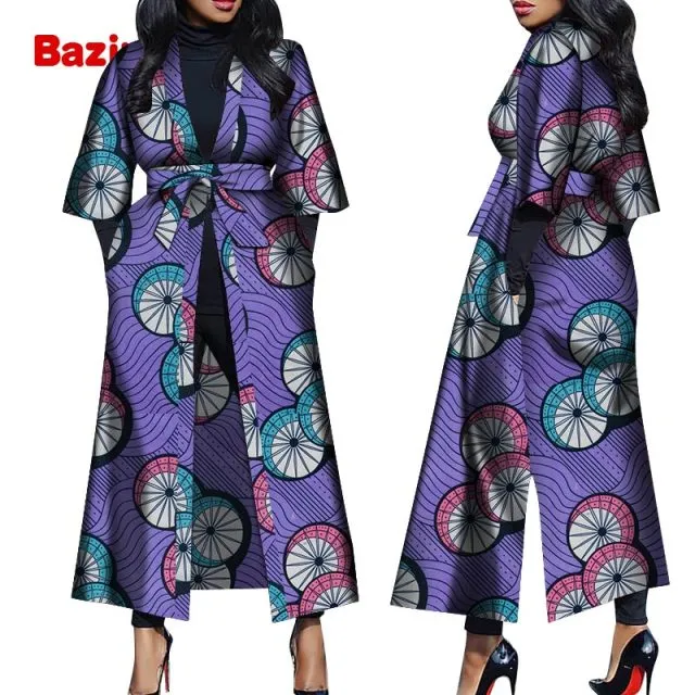 Women African Print Belted Long Coat