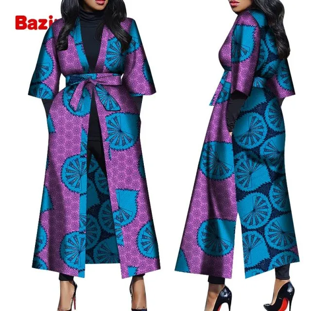 Women African Print Belted Long Coat