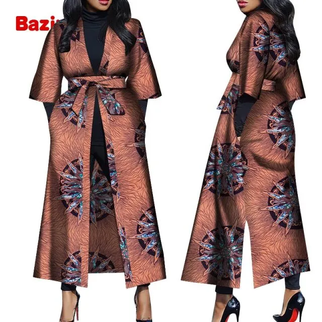 Women African Print Belted Long Coat