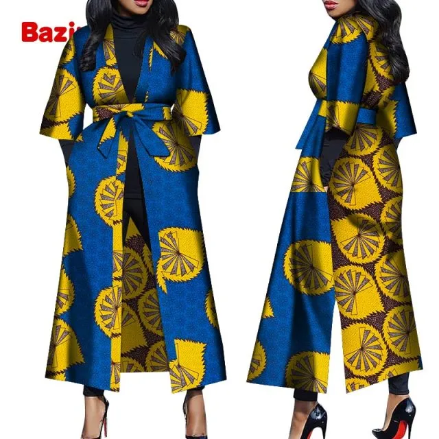 Women African Print Belted Long Coat
