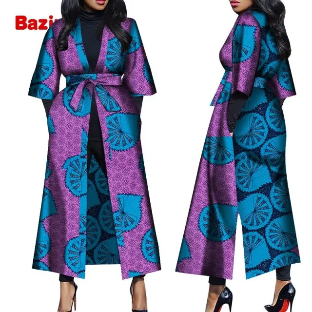 Women African Print Belted Long Coat