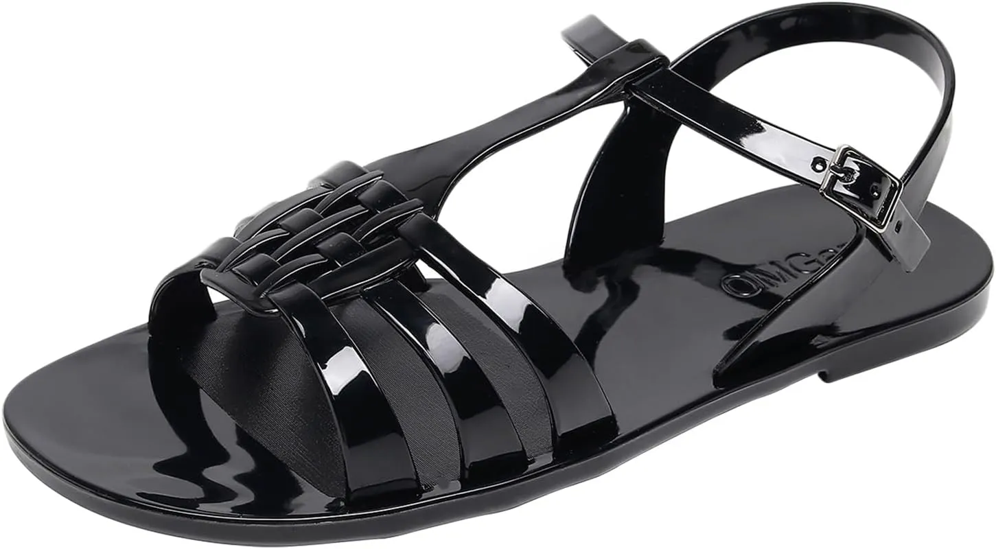 Women Sandals Jelly Shoes Flats Size 9 Beige T-Strap Crystal Jellies Slides Clear Rain Slippers Glitter Summer Beach Retro