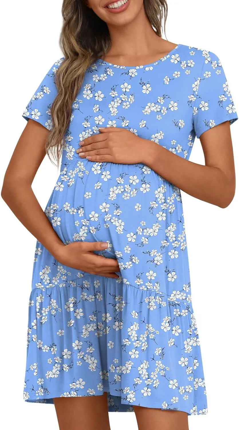 Women's Maternity Summer Short Sleeve Dresses Ruffle Tiered Swing Loose Fit Pregnancy Dress
