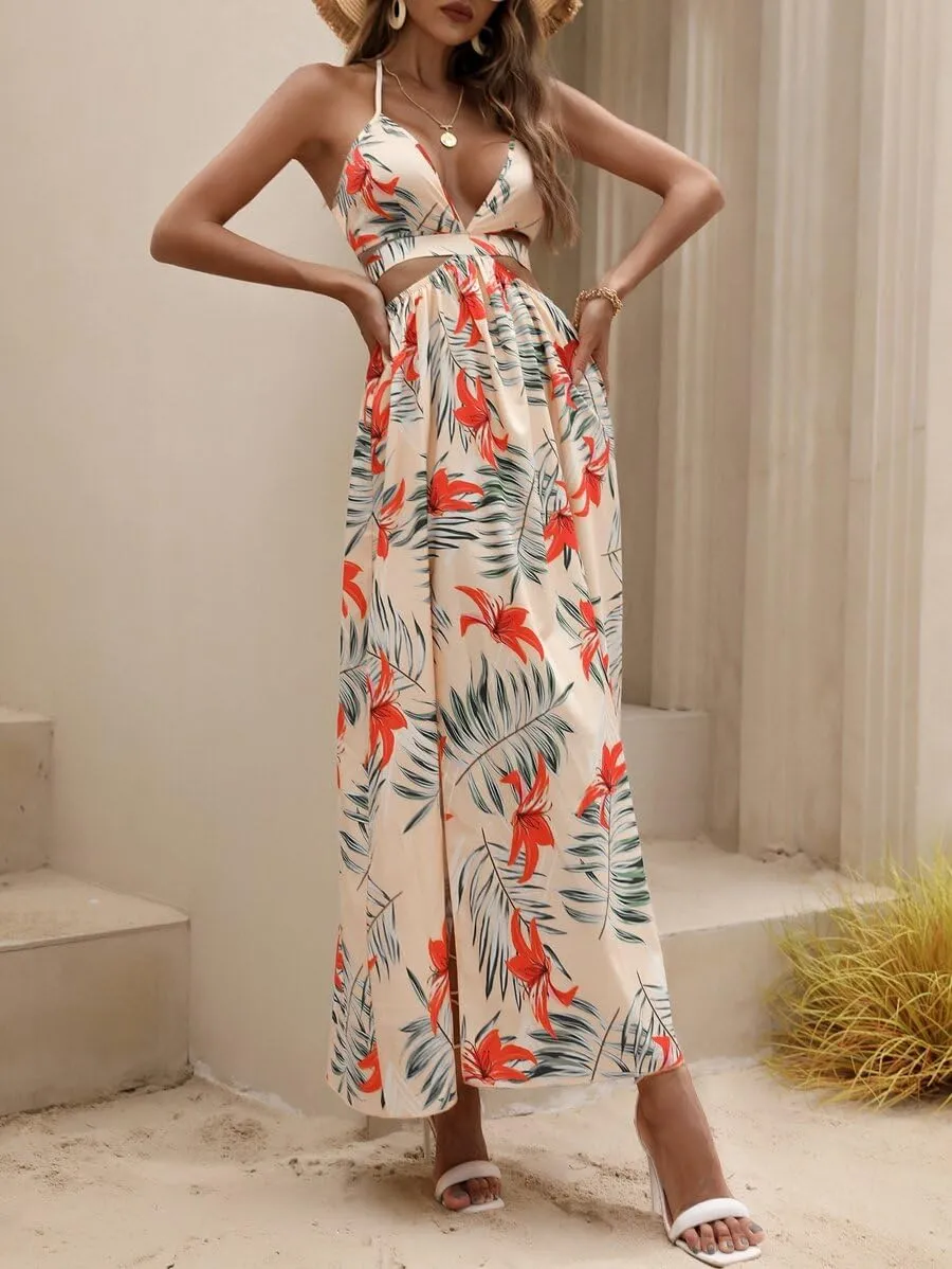 Women's Summer Dress Tie Back V Neck Floral Maxi Tropical Long Beach Vacation Side Slit