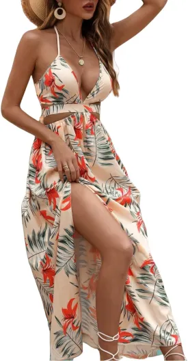 Women's Summer Dress Tie Back V Neck Floral Maxi Tropical Long Beach Vacation Side Slit