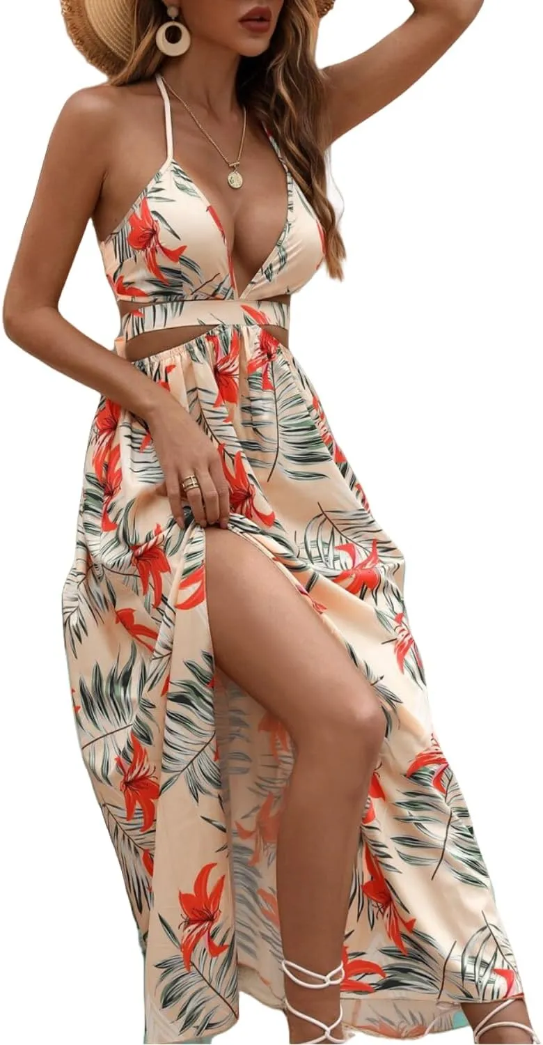 Women's Summer Dress Tie Back V Neck Floral Maxi Tropical Long Beach Vacation Side Slit