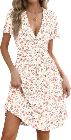 Women's Summer Short Sleeve Casual Wrap Dresses V-Neck with Pockets Elastic Waist Flowy Midi Beach Dress
