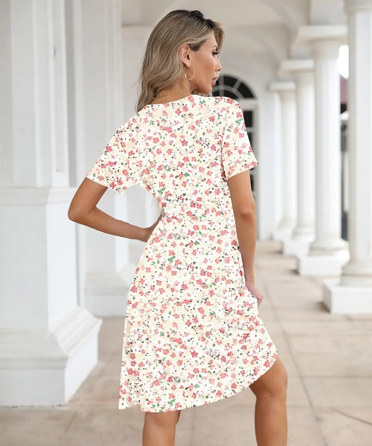 Women's Summer Short Sleeve Casual Wrap Dresses V-Neck with Pockets Elastic Waist Flowy Midi Beach Dress