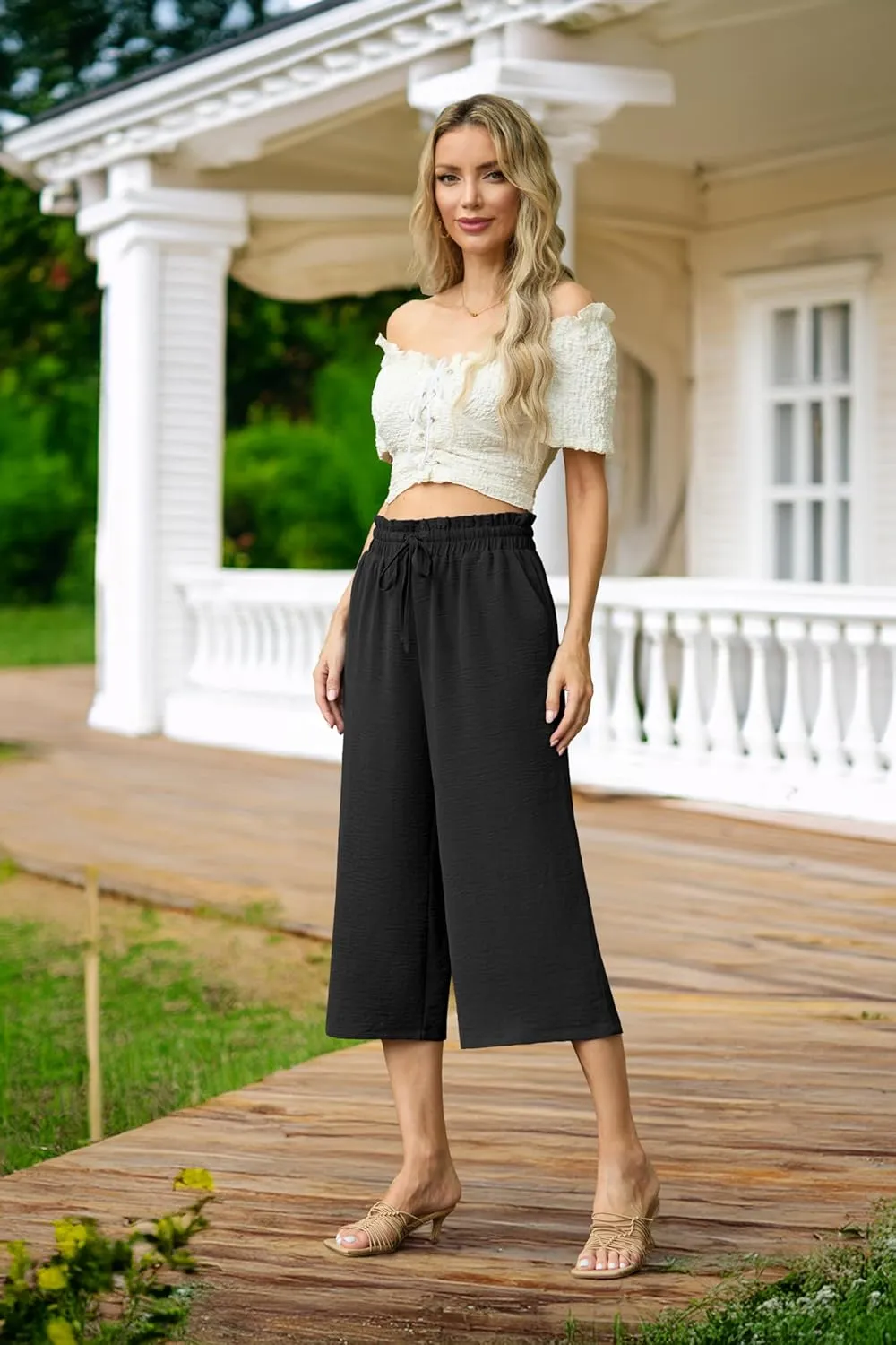 Womens Wide Leg High Waisted with Tie Belt Pockets Summer 2025 Vacation Pants