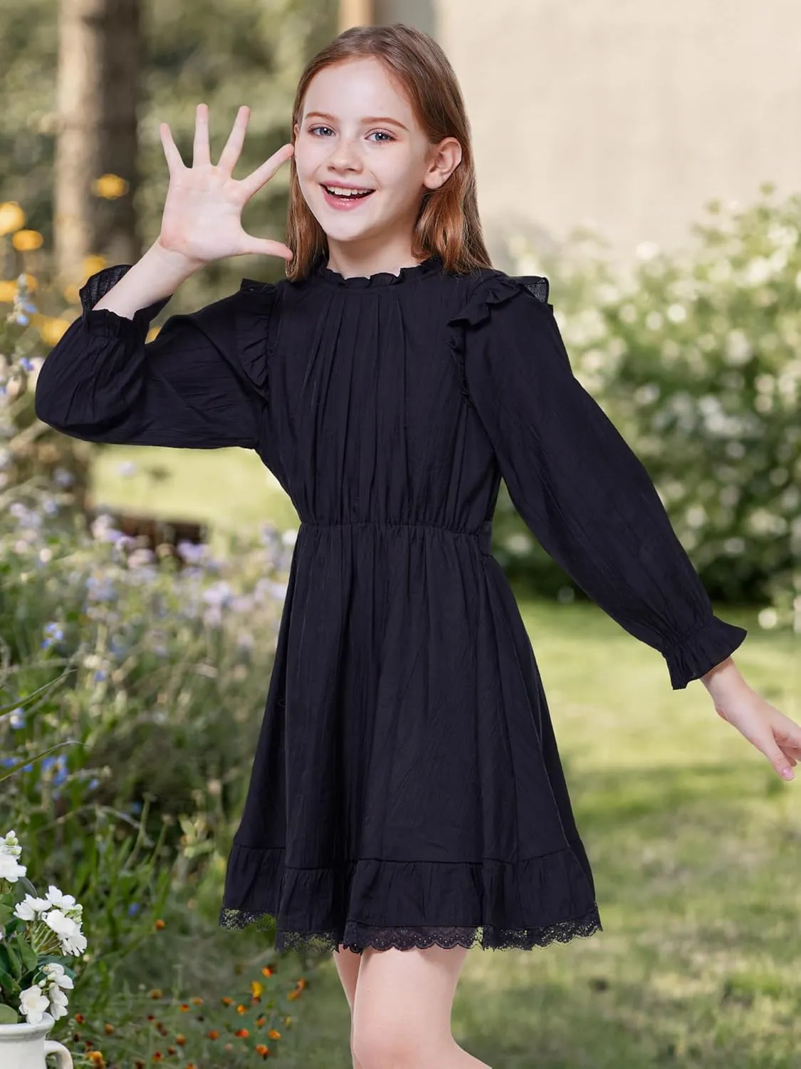 WULFUL Girls Long Sleeve Dress Flared Belted Fall Casual Party Dress A-line Swing 5-14 Years