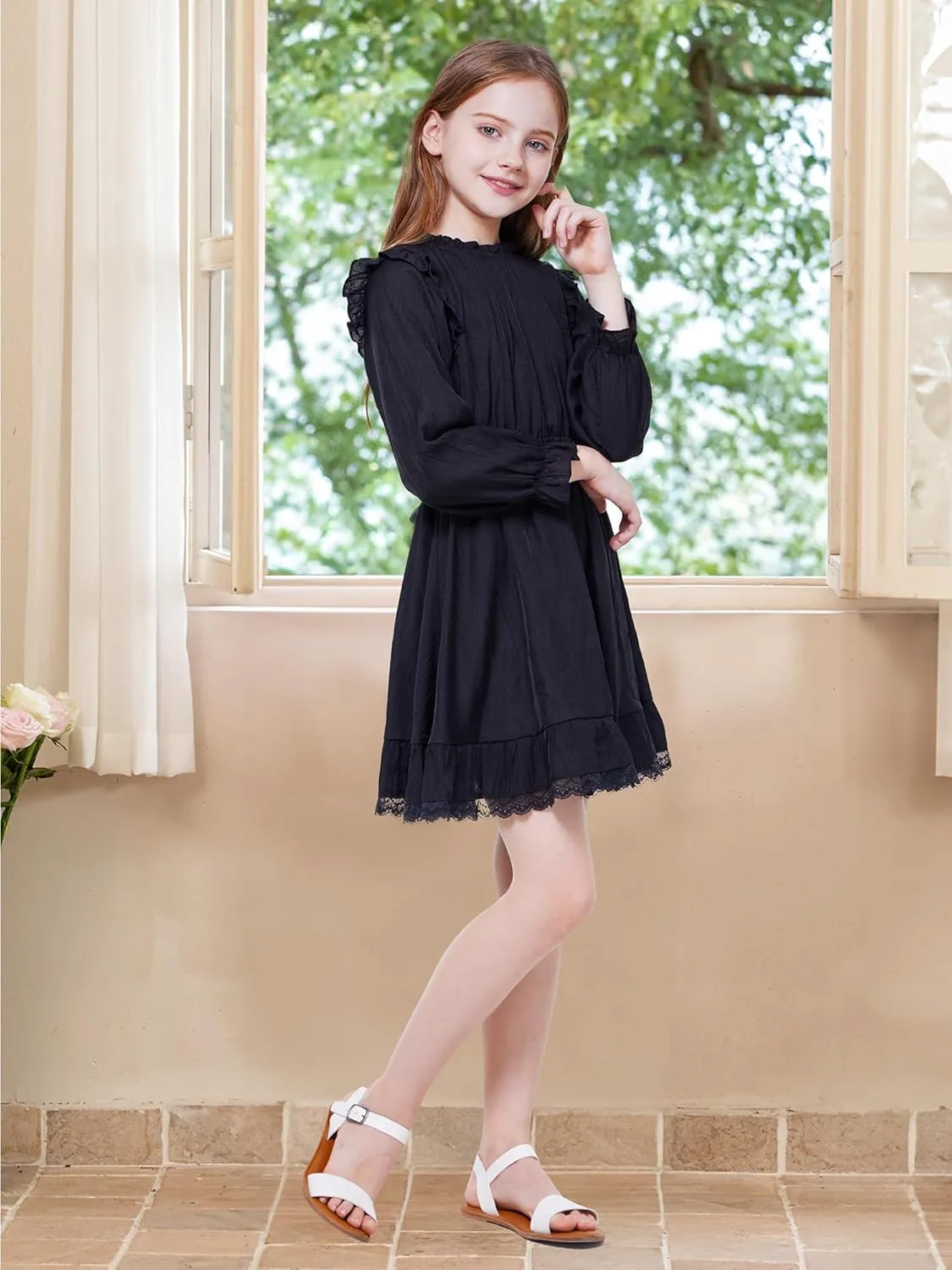 WULFUL Girls Long Sleeve Dress Flared Belted Fall Casual Party Dress A-line Swing 5-14 Years