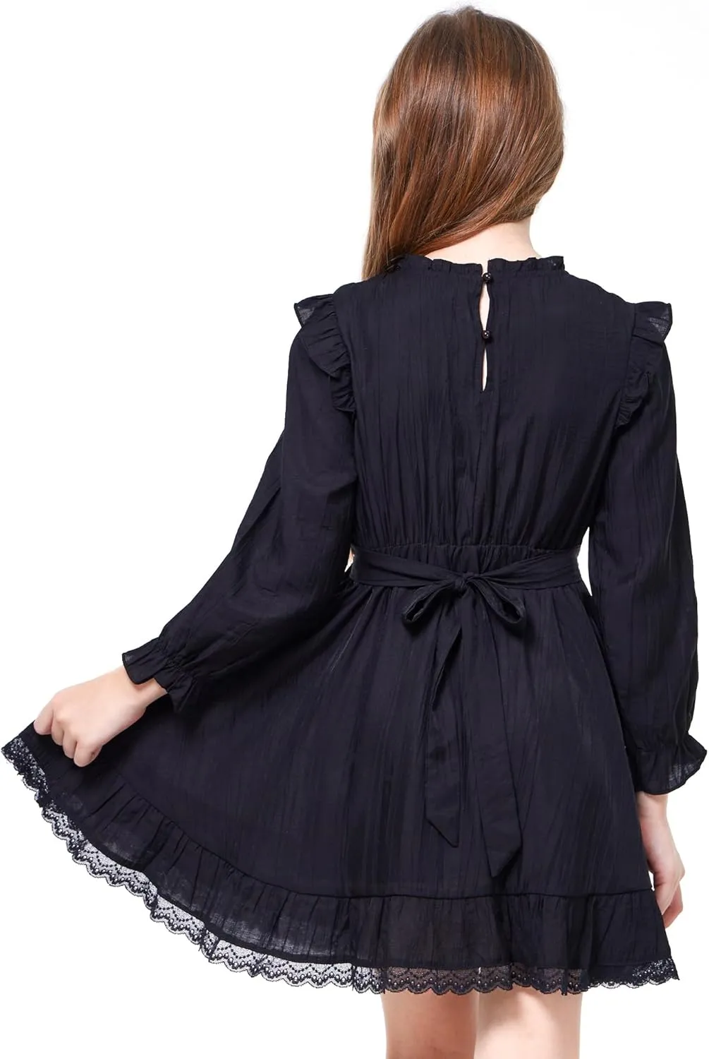 WULFUL Girls Long Sleeve Dress Flared Belted Fall Casual Party Dress A-line Swing 5-14 Years