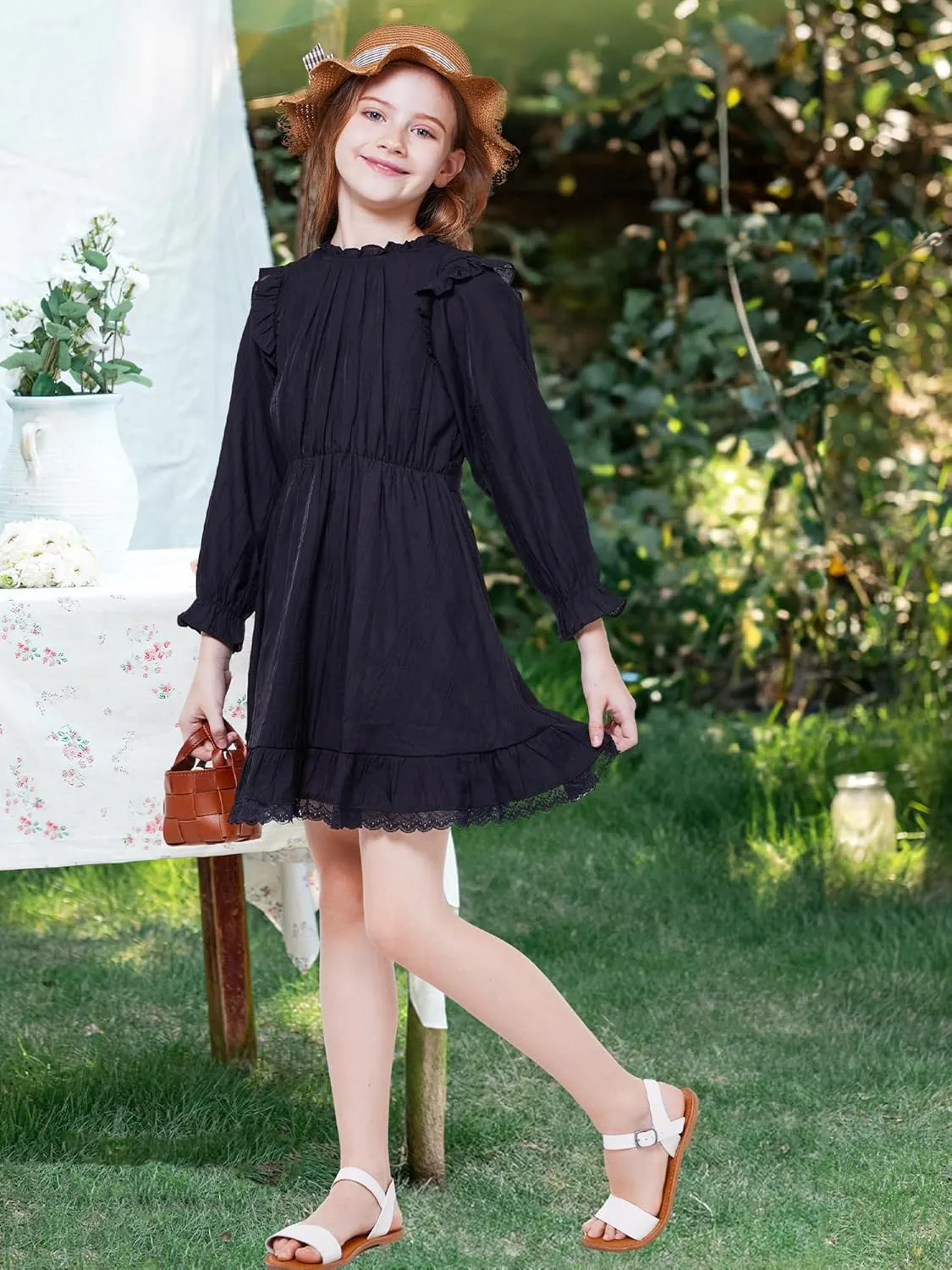 WULFUL Girls Long Sleeve Dress Flared Belted Fall Casual Party Dress A-line Swing 5-14 Years