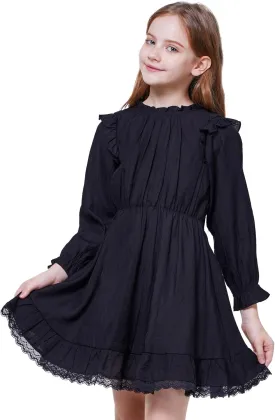 WULFUL Girls Long Sleeve Dress Flared Belted Fall Casual Party Dress A-line Swing 5-14 Years